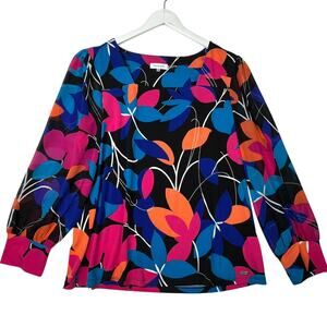 Calvin Klein Womens Colorful Long Sleeve Blouse L Balloon Sheer Sleeve Top